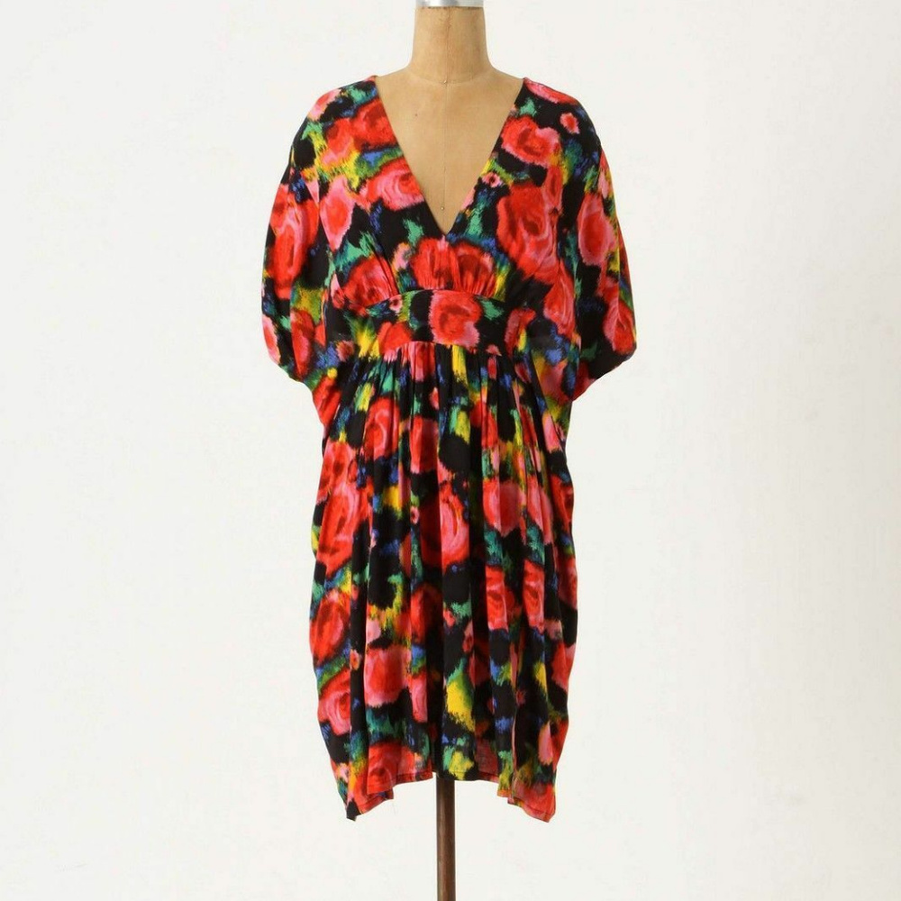 Anthropologie Vintage Fabric Floral Boho V-Neck Caftan Dress One of a Kind 0/S